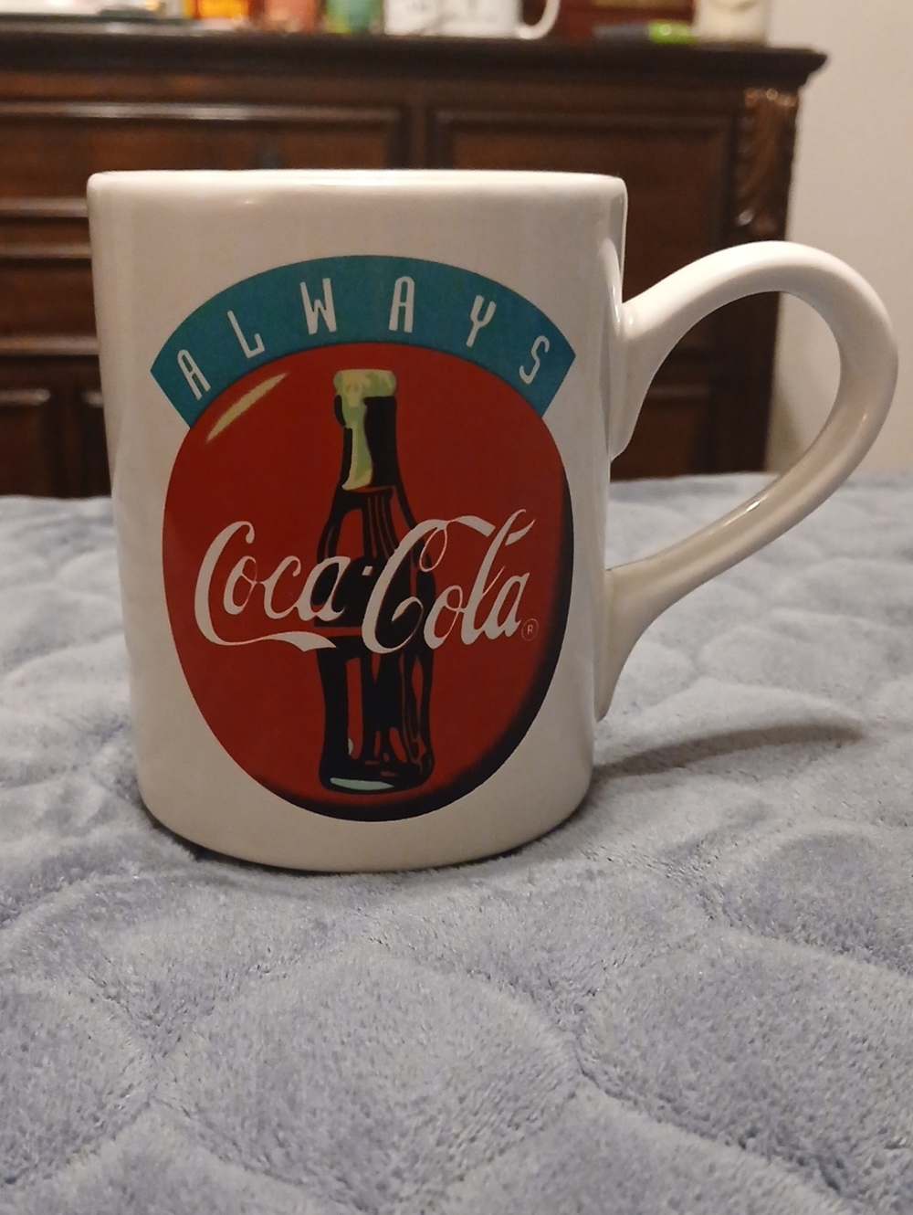 Coca Cola White Ceramic Mug with Red Logo and Teal Accent
